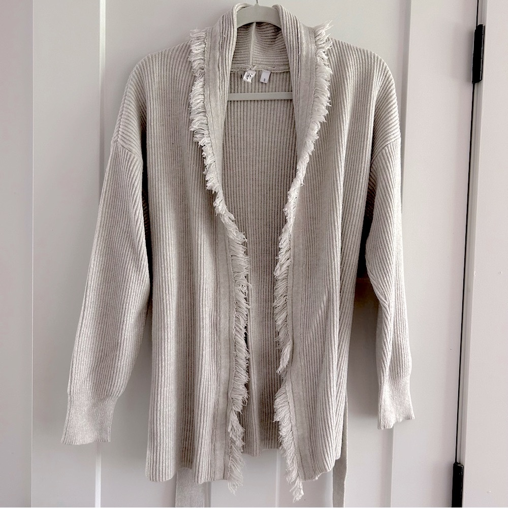 Elan Fringe Tie‎ Waist Cardigan Sweater Beige Size Small